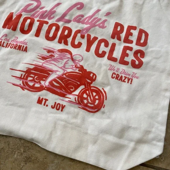 Mt Joy Pink Ladys Red Motorcycles Tote Bag White Graphic Canvas Band Merch - Picture 2 of 4
